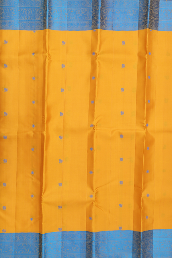 Kanchipuram Silk Saree In Mustard Yellow With Peacock Buttas