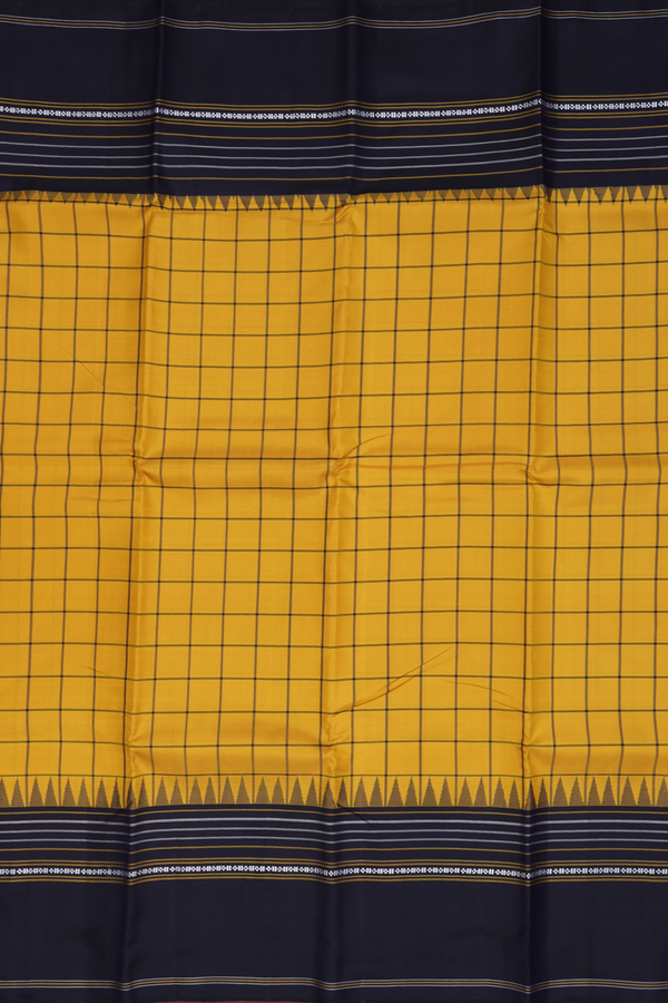 Kanchipuram Silk Saree In Mustard Yellow With Checked Design