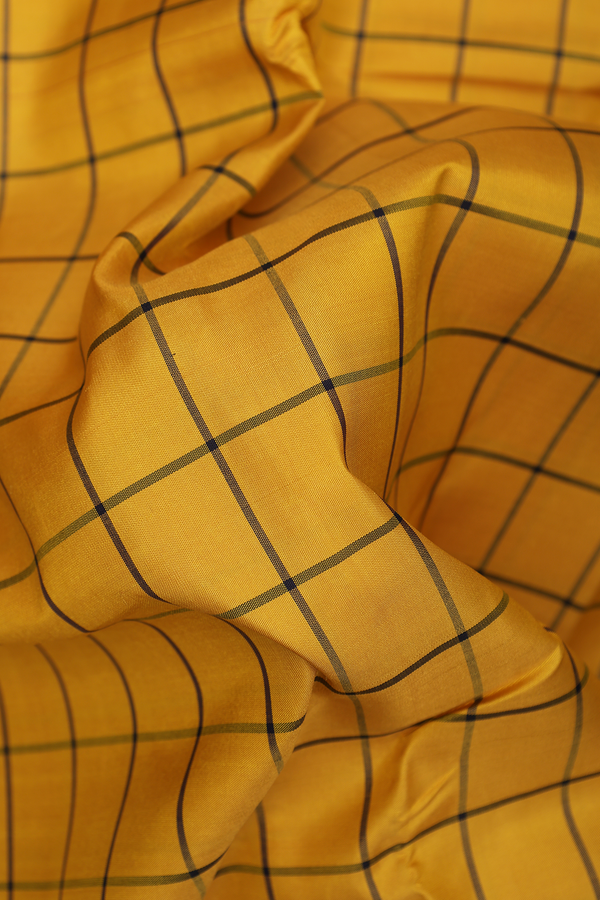 Kanchipuram Silk Saree In Mustard Yellow With Checked Design
