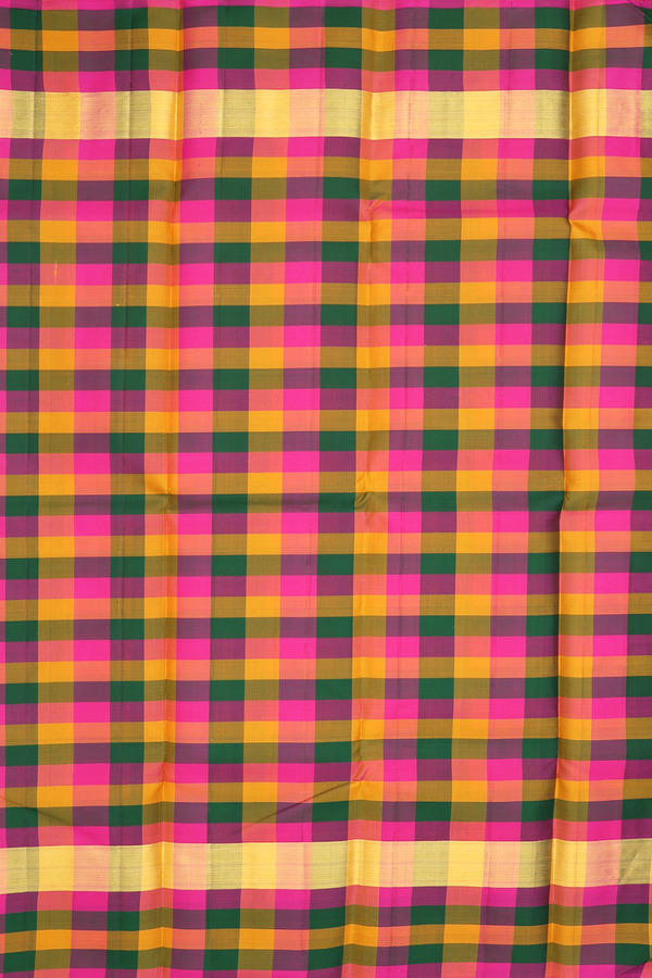 Kanchipuram Silk Saree In Mustard Yellow With Checks Border
