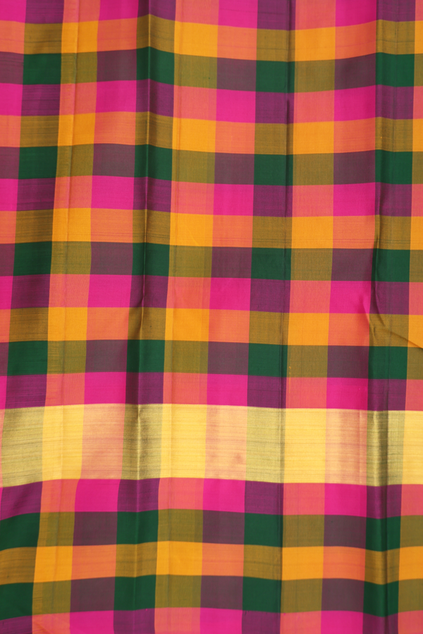 Kanchipuram Silk Saree In Mustard Yellow With Checks Border