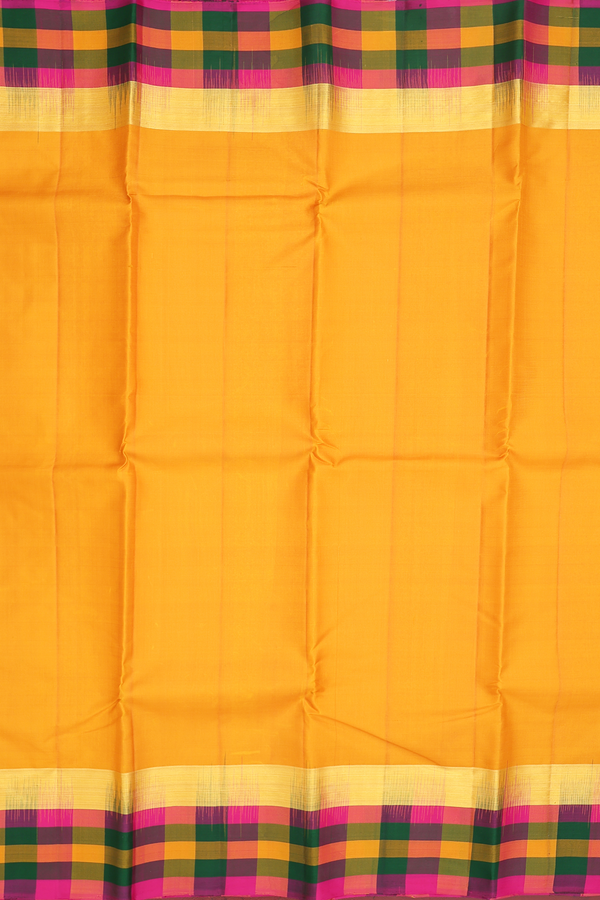 Kanchipuram Silk Saree In Mustard Yellow With Checks Border