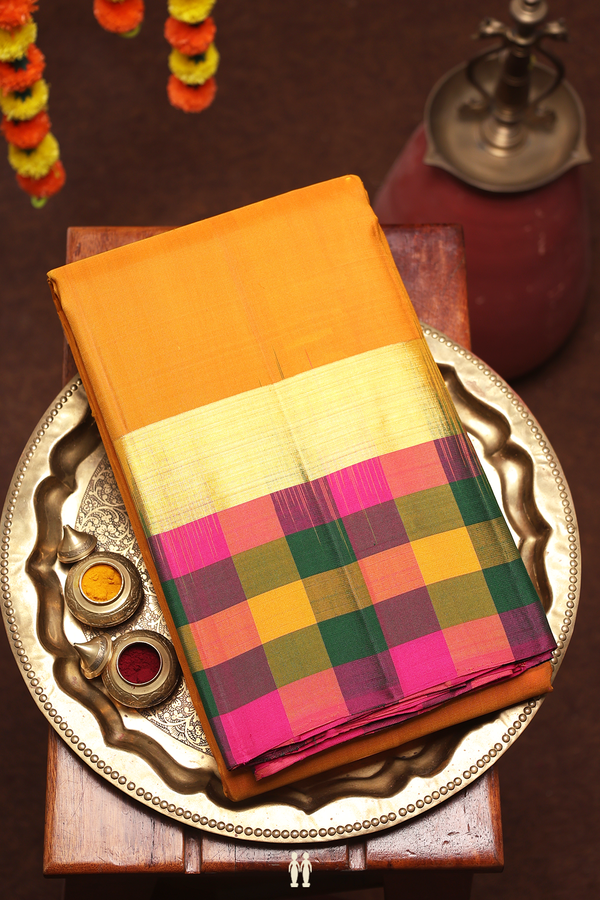 Kanchipuram Silk Saree In Mustard Yellow With Checks Border