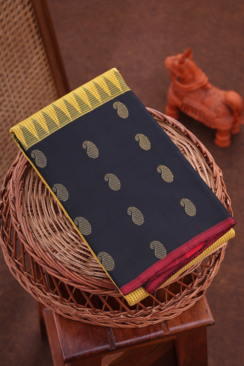 Kanchipuram Silk Saree In Mustard Yellow With Checks Design