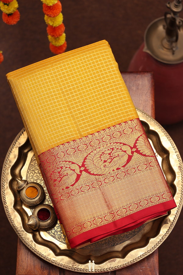 Kanchipuram Silk Saree In Mustard Yellow With Checks Design