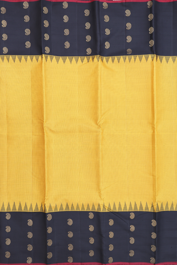 Kanchipuram Silk Saree In Mustard Yellow With Checks Design