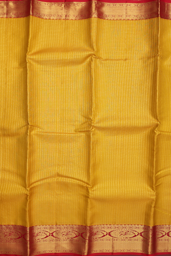 Kanchipuram Silk Saree In Mustard Yellow With Checks Design