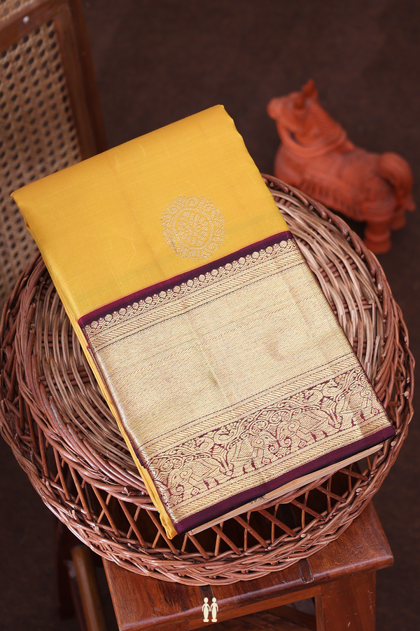 Kanchipuram Silk Saree In Mustard Yellow With Floral Buttas