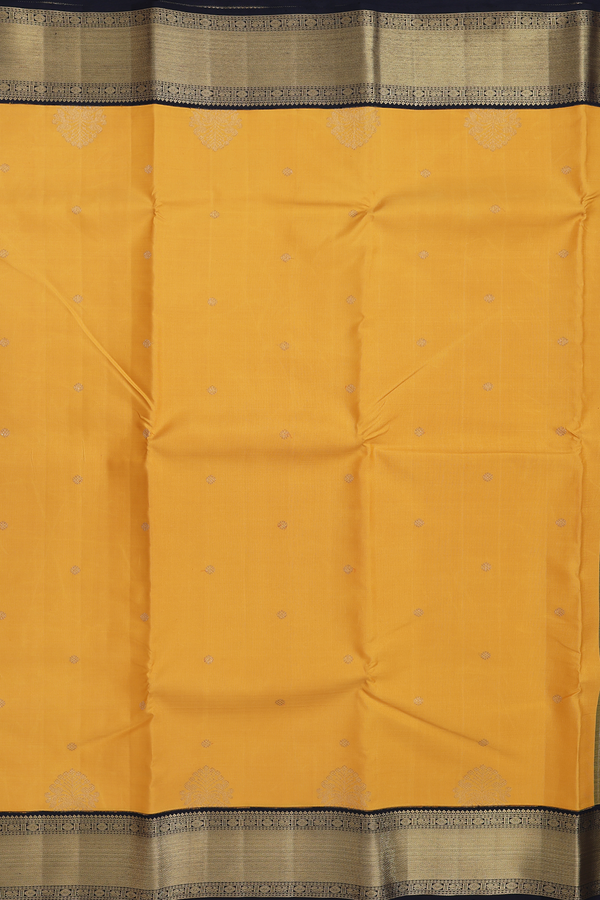 Kanchipuram Silk Saree In Mustard Yellow With Floral Buttas