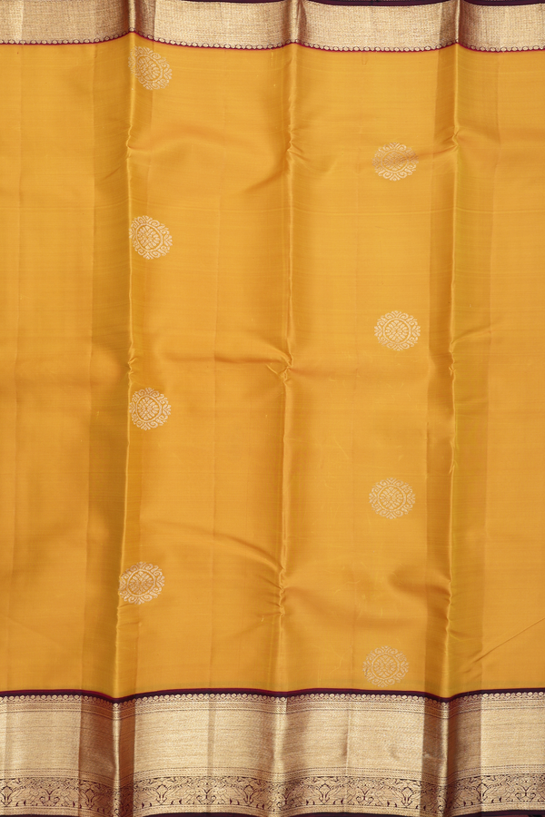 Kanchipuram Silk Saree In Mustard Yellow With Floral Buttas