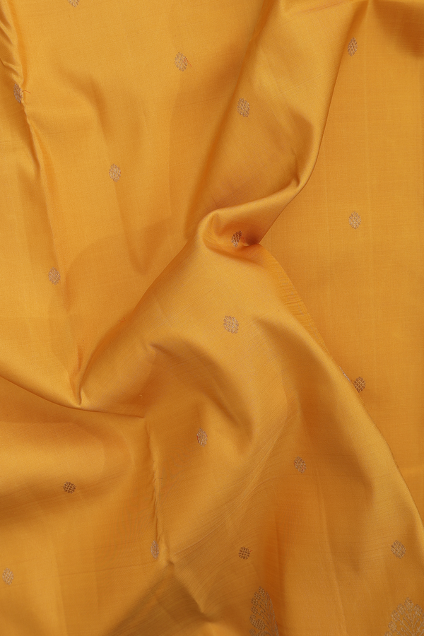 Kanchipuram Silk Saree In Mustard Yellow With Floral Buttas