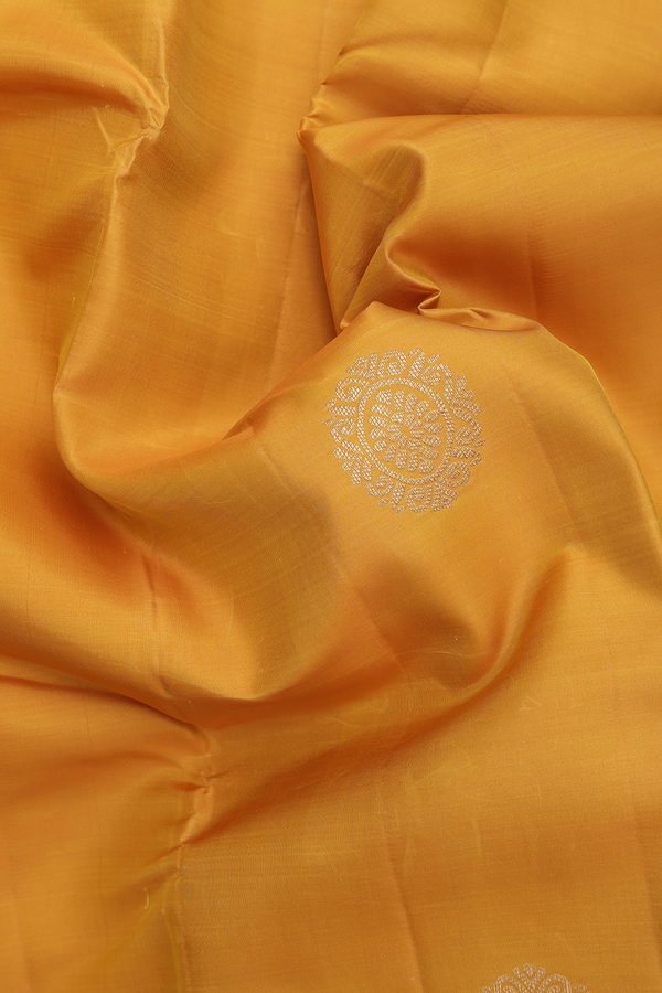Kanchipuram Silk Saree In Mustard Yellow With Floral Buttas