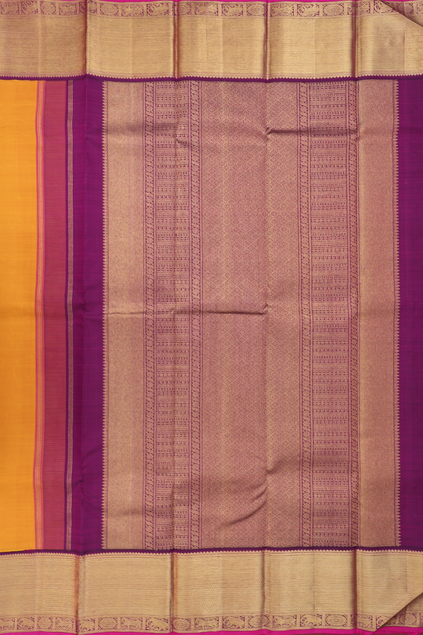 Kanchipuram Silk Saree In Mustard Yellow With Peacock Buttas