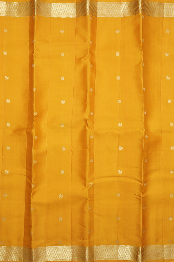 Kanchipuram Silk Saree In Mustard Yellow With Peacock Buttas