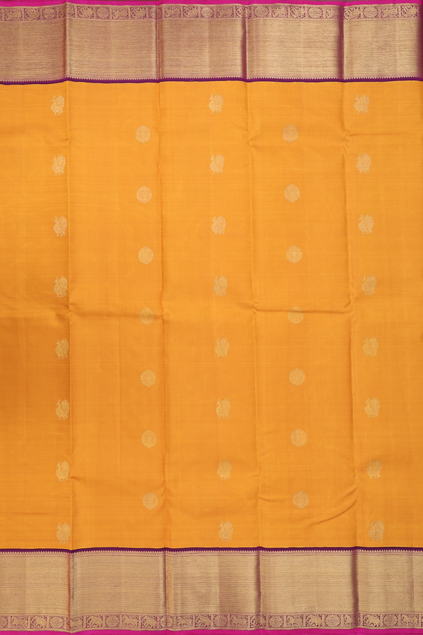 Kanchipuram Silk Saree In Mustard Yellow With Peacock Buttas
