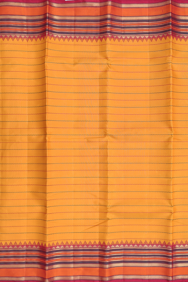 Kanchipuram Silk Saree In Mustard Yellow With Stripes Design
