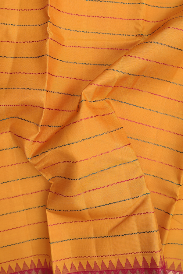 Kanchipuram Silk Saree In Mustard Yellow With Stripes Design