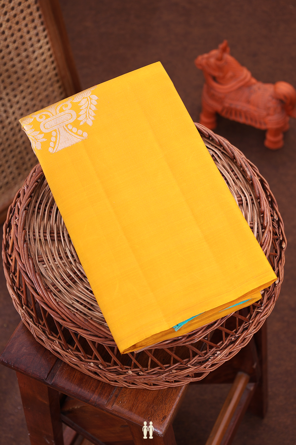 Kanchipuram Silk Saree In Mustard Yellow With Zari Motifs