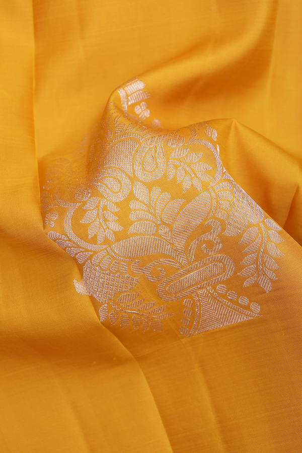 Kanchipuram Silk Saree In Mustard Yellow With Zari Motifs