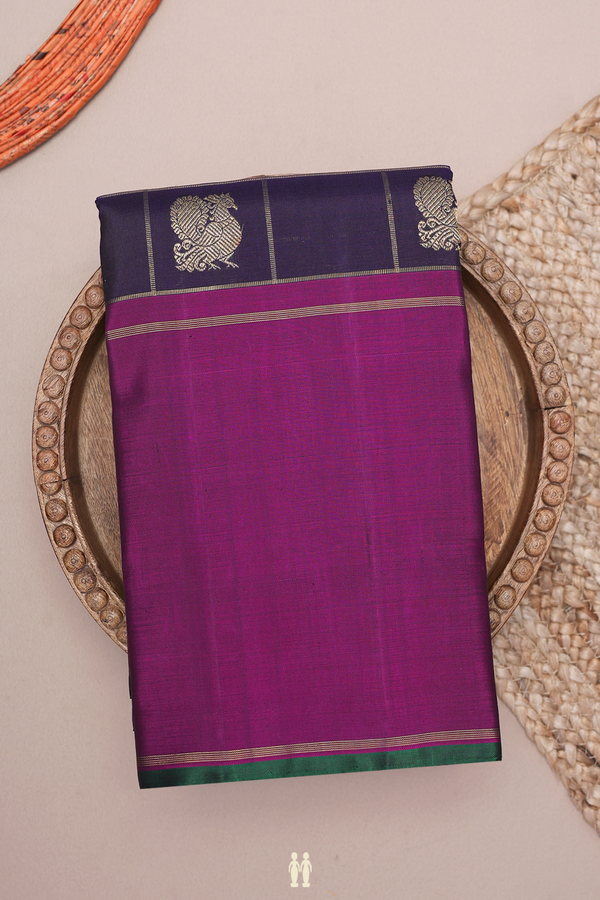 Kanchipuram Silk Saree In Navy Blue Along Checks With Buttas