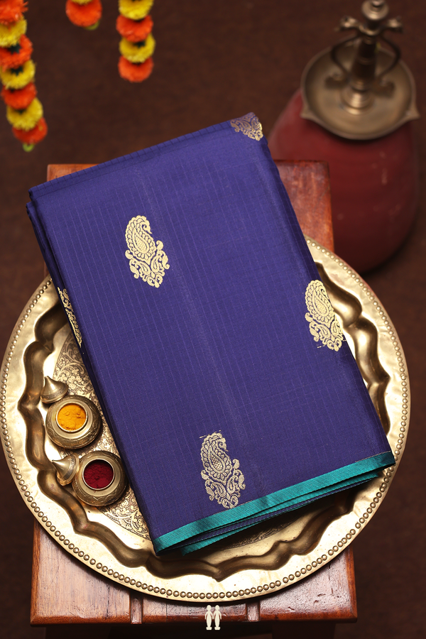 Kanchipuram Silk Saree In Navy Blue Along Checks With Buttas
