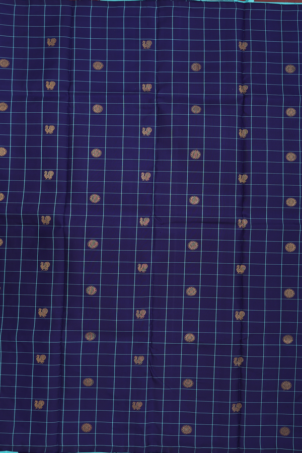 Kanchipuram Silk Saree In Navy Blue Along Checks With Buttas
