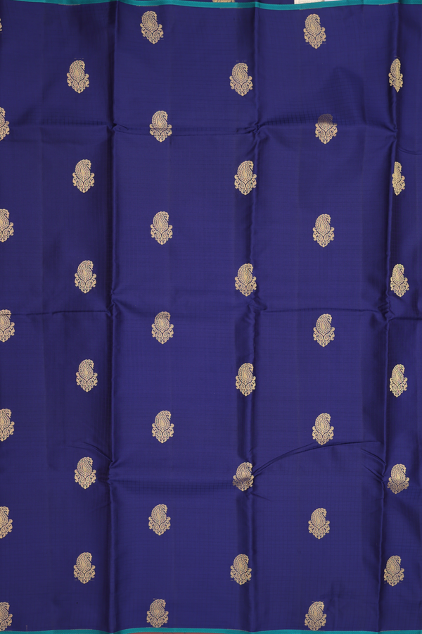 Kanchipuram Silk Saree In Navy Blue Along Checks With Buttas