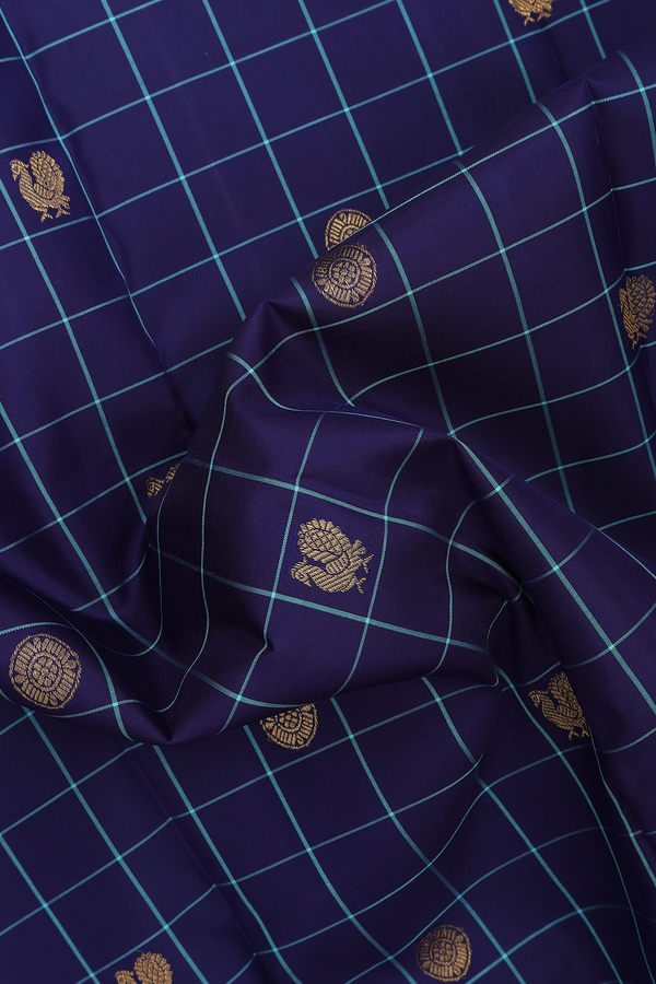 Kanchipuram Silk Saree In Navy Blue Along Checks With Buttas