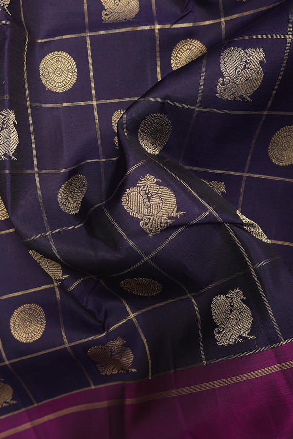 Kanchipuram Silk Saree In Navy Blue Along Checks With Buttas
