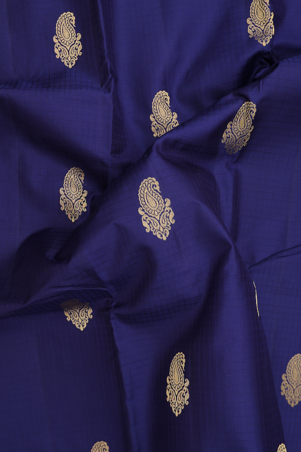 Kanchipuram Silk Saree In Navy Blue Along Checks With Buttas