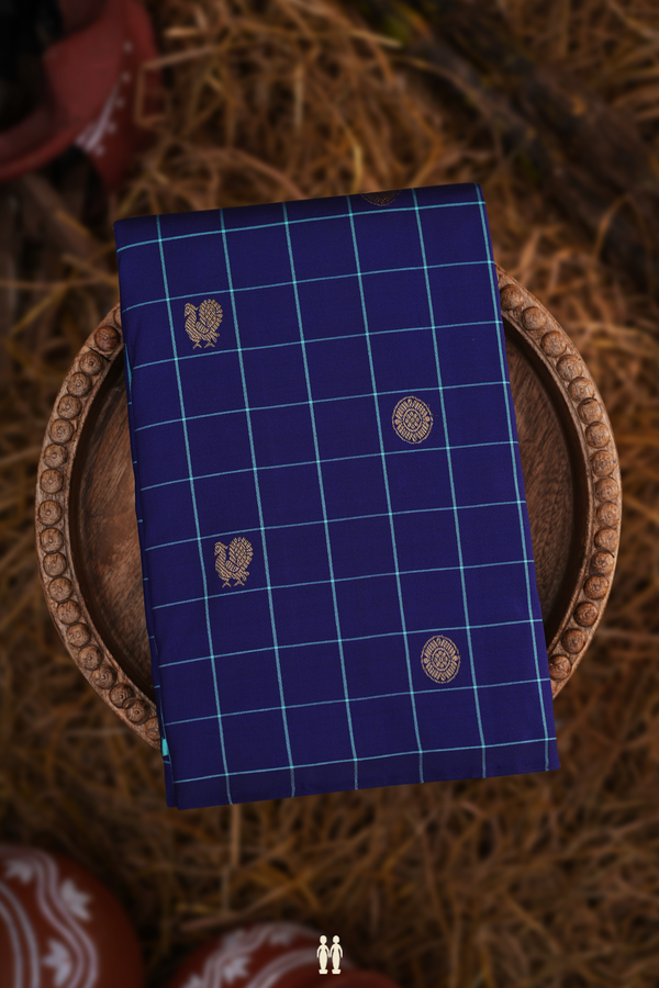 Kanchipuram Silk Saree In Navy Blue Along Checks With Buttas