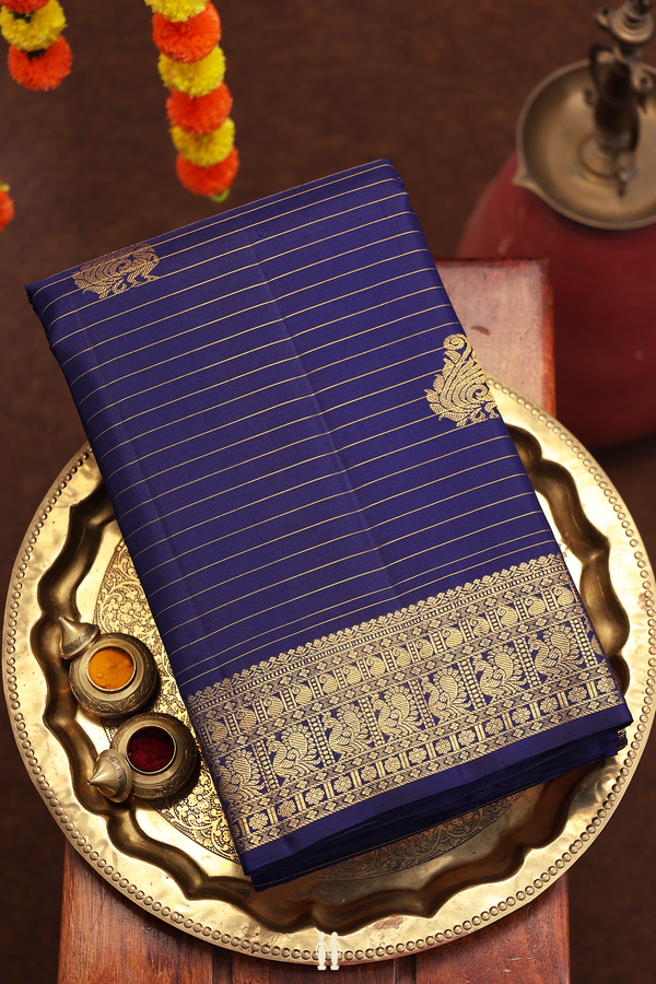 Kanchipuram Silk Saree In Navy Blue Along Stripes With Butta