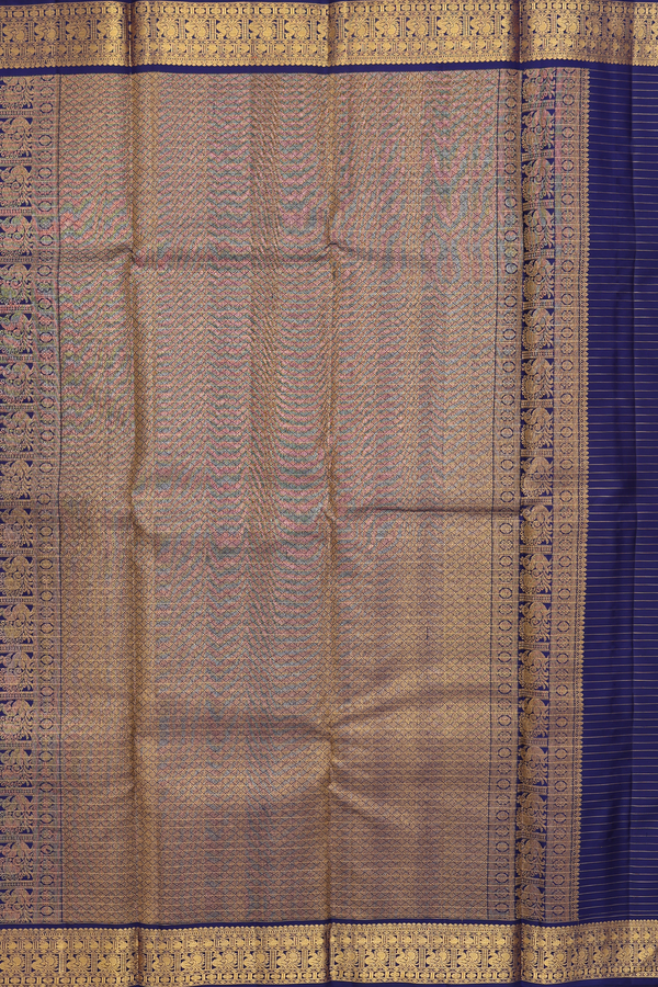 Kanchipuram Silk Saree In Navy Blue Along Stripes With Butta