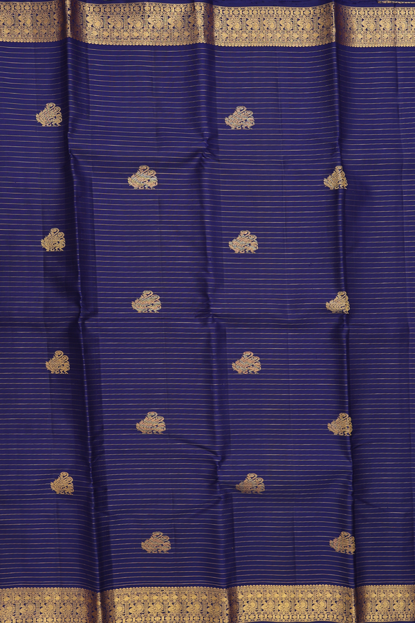Kanchipuram Silk Saree In Navy Blue Along Stripes With Butta