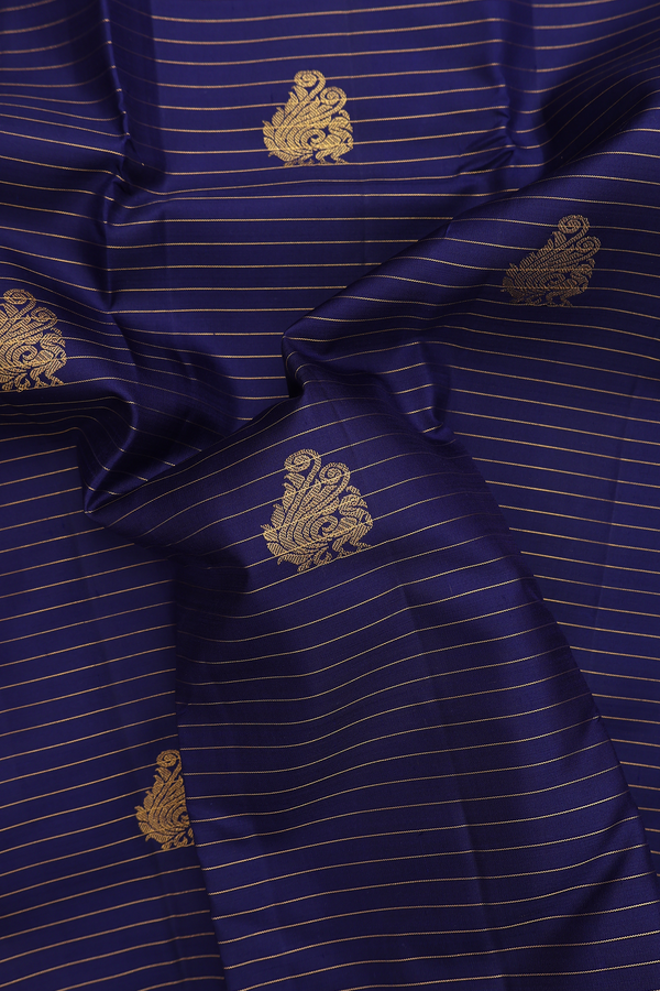 Kanchipuram Silk Saree In Navy Blue Along Stripes With Butta