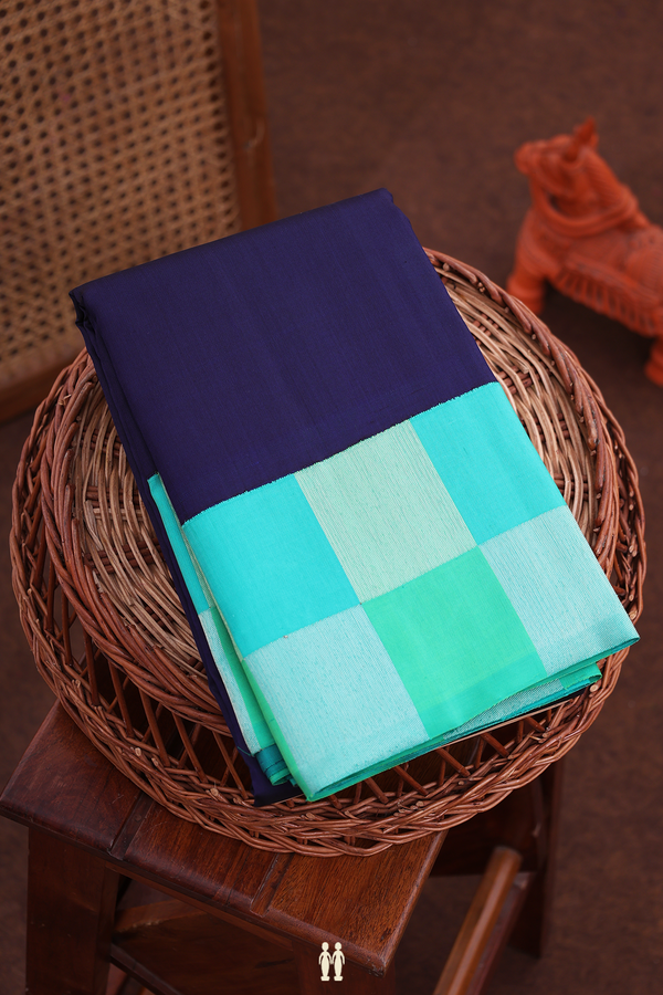 Kanchipuram Silk Saree In Navy Blue With Checks Border