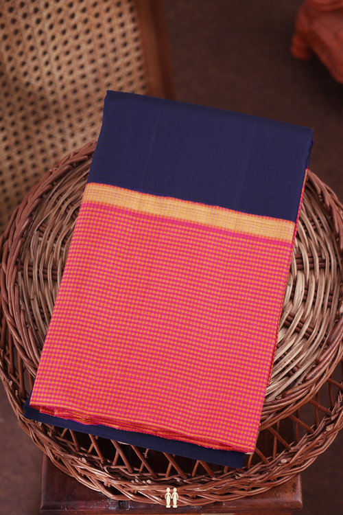 Kanchipuram Silk Saree In Navy Blue With Checks Border