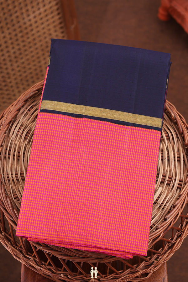 Kanchipuram Silk Saree In Navy Blue With Checks Border