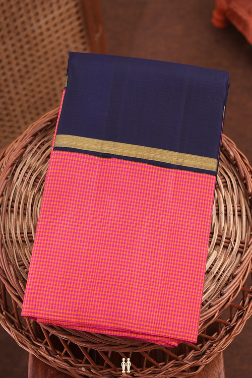 Kanchipuram Silk Saree In Navy Blue With Checks Border