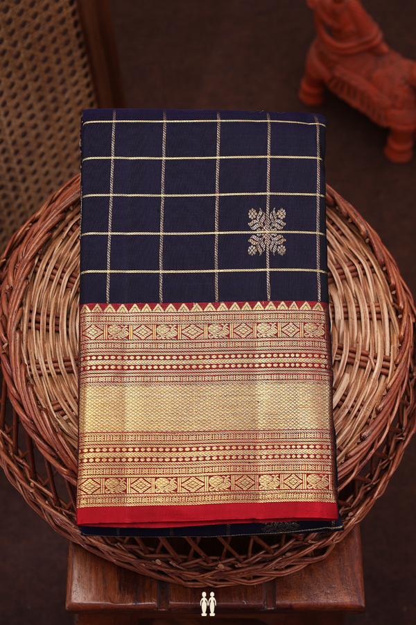 Kanchipuram Silk Saree In Navy Blue With Checks Design