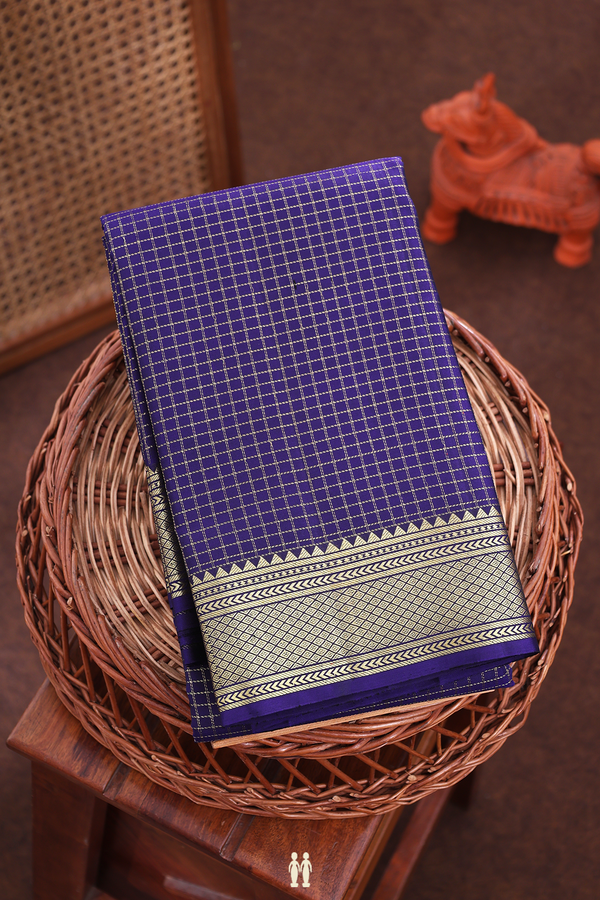Kanchipuram Silk Saree In Navy Blue With Checks Design