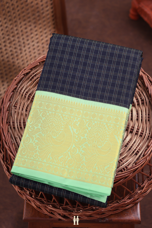 Kanchipuram Silk Saree In Navy Blue With Checks Design