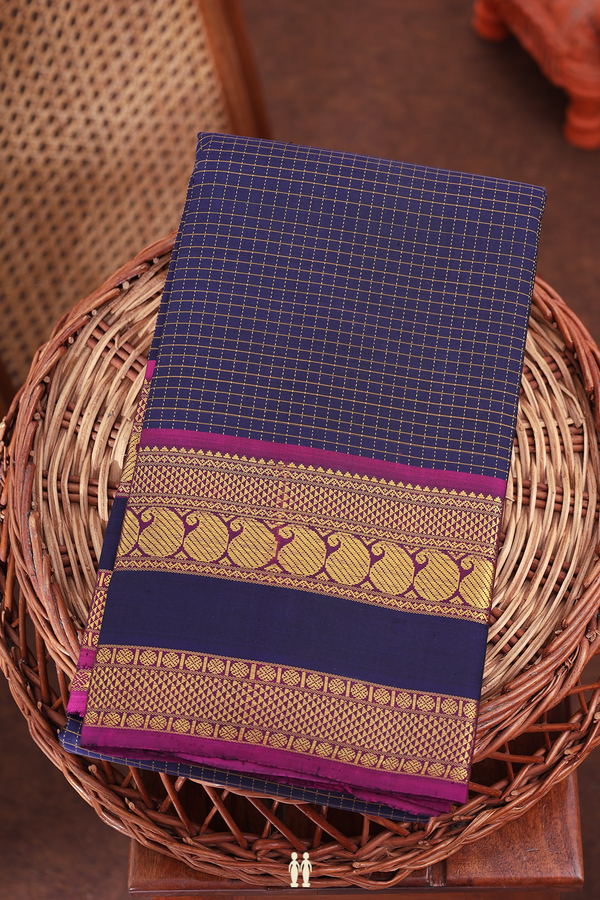 Kanchipuram Silk Saree In Navy Blue With Checks Design