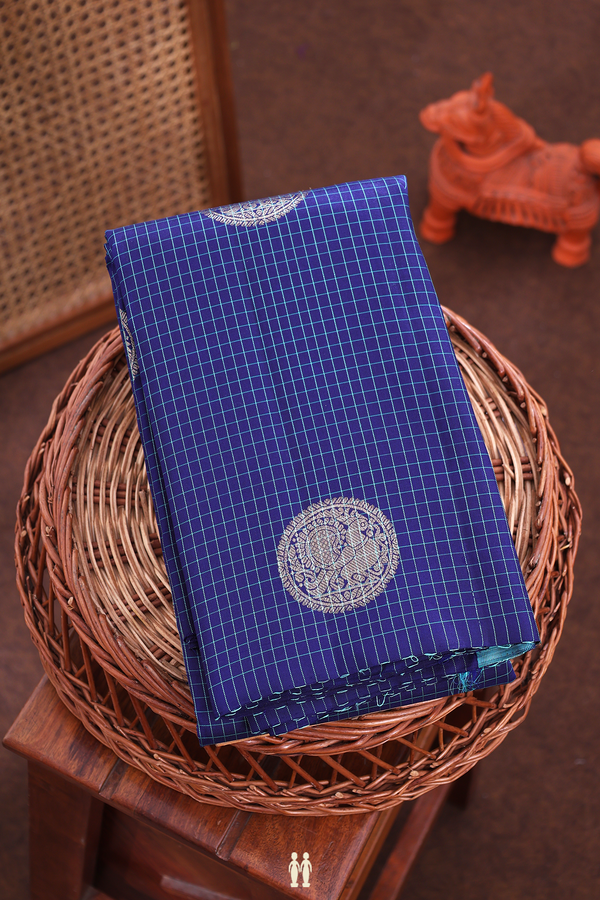 Kanchipuram Silk Saree In Navy Blue With Checks Design
