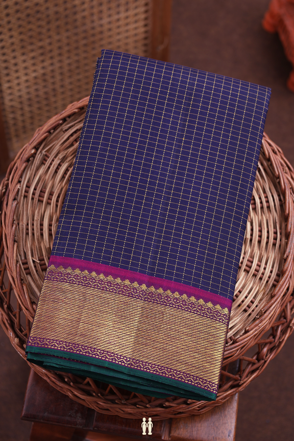 Kanchipuram Silk Saree In Navy Blue With Checks Design