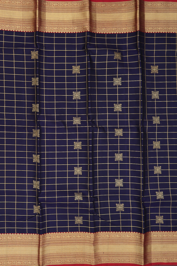 Kanchipuram Silk Saree In Navy Blue With Checks Design