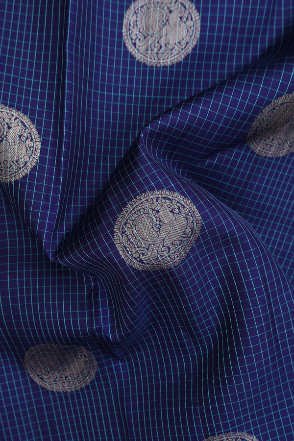 Kanchipuram Silk Saree In Navy Blue With Checks Design