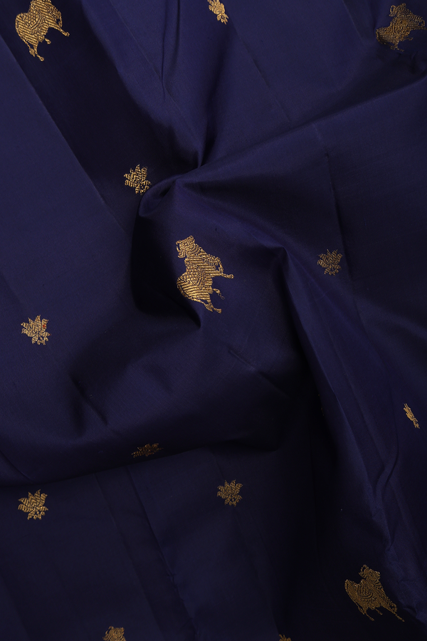Kanchipuram Silk Saree In Oxford Blue With Floral Buttas