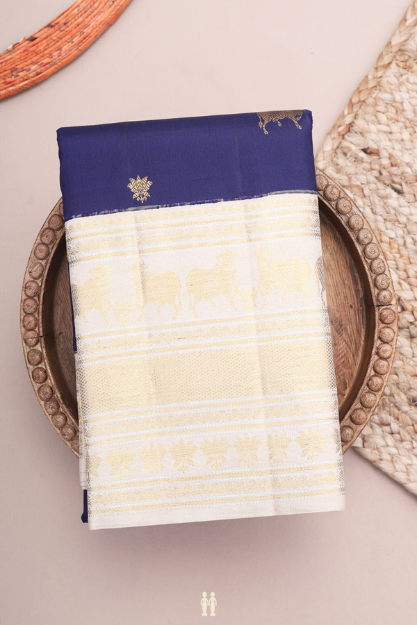Kanchipuram Silk Saree In Oxford Blue With Floral Buttas