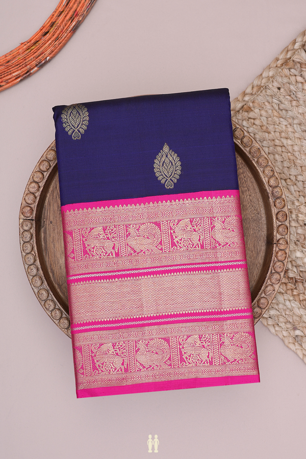Kanchipuram Silk Saree In Navy Blue With Floral Buttas
